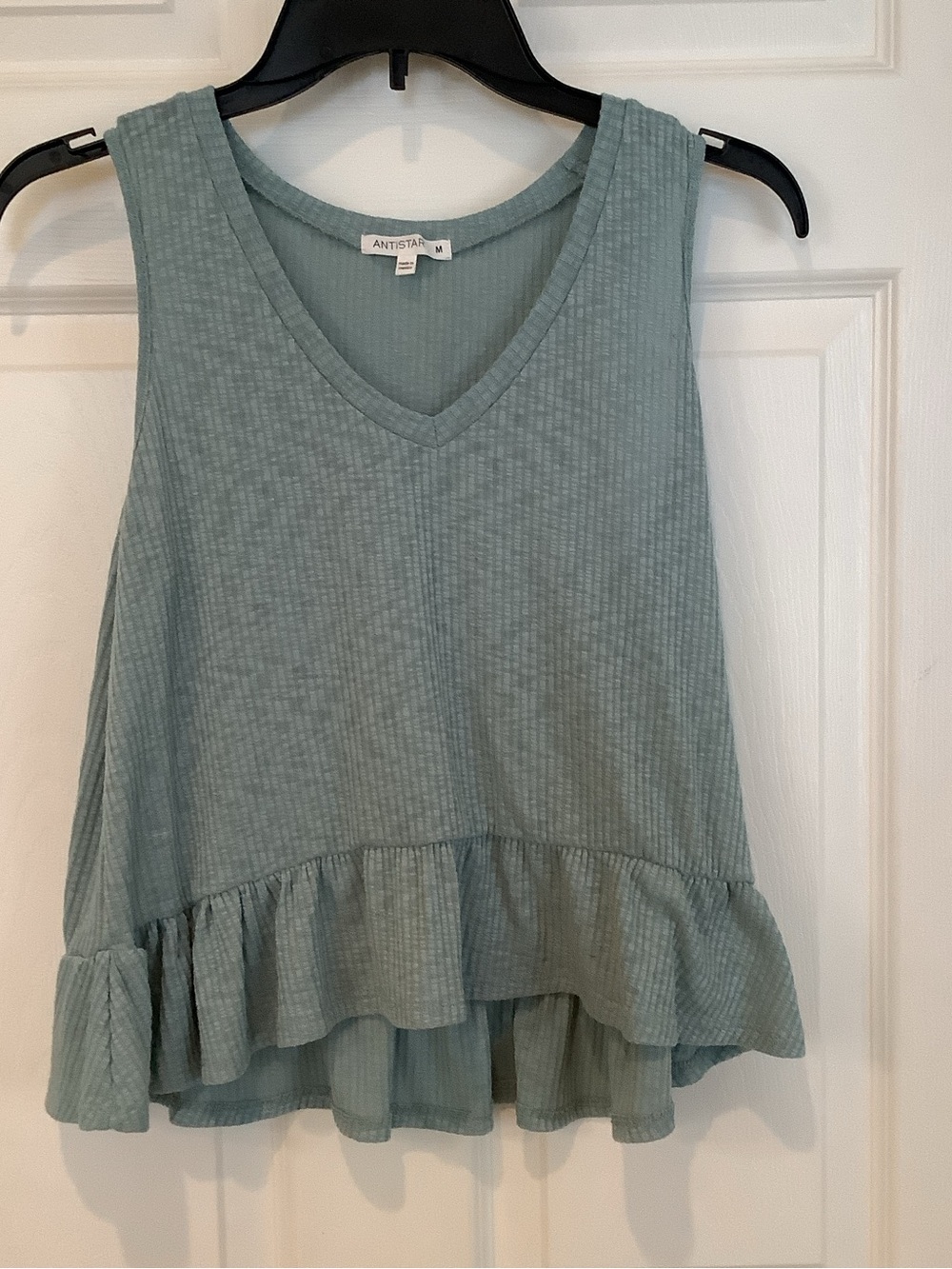 Antistar Sage Green V-Neck Ruffle-Hem Tank